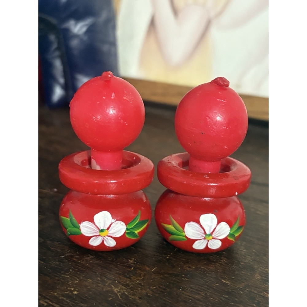 Lot 2 Unused Vintage Swedish Red Wooden Candle Holder White Flower Folk Art